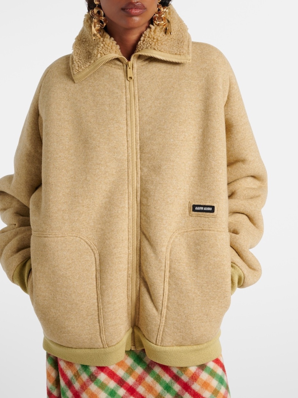 NWOT Miu Miu Beige Sherpa-Lined Zip Jacket, Size 40 = L